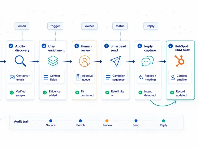 Diagram showing an AI outbound automation stack where a record moves from source list through Apollo discovery, Clay enrichment, human review, Smartlead sending, reply capture, and HubSpot CRM truth.
