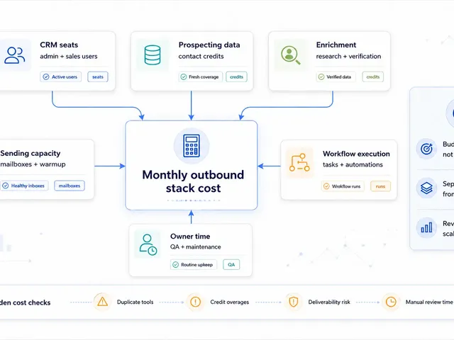 Diagram showing the monthly cost model for an AI outbound automation stack, with CRM seats, prospecting data, enrichment, sending capacity, workflow execution, owner time, and hidden cost checks.