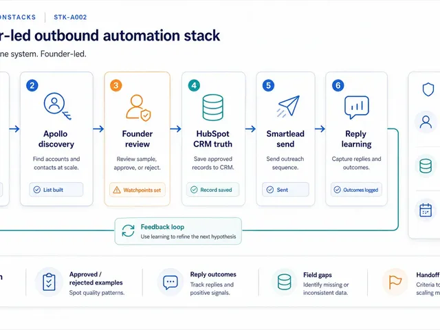 Founder-led outbound automation stack diagram showing segment hypothesis, Apollo discovery, founder review, HubSpot CRM truth, Smartlead send, and reply learning feedback loop.