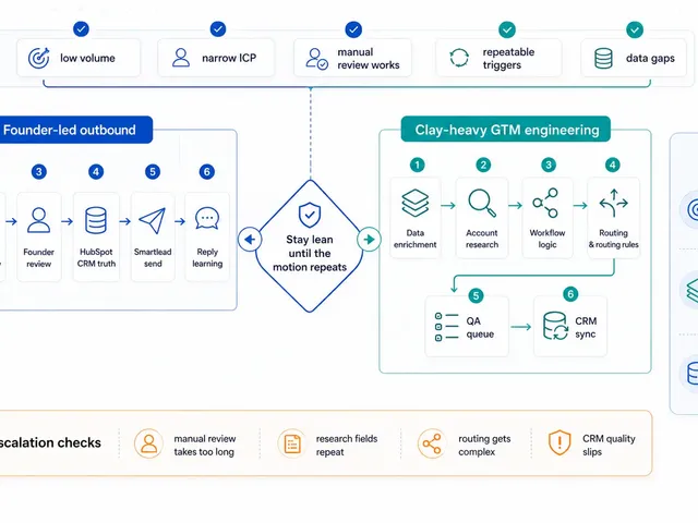 Decision diagram comparing founder-led outbound with Clay-heavy GTM engineering, showing when to stay lean and when to escalate based on review time, repeated research, routing complexity, and CRM quality.