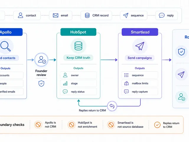 Diagram showing how Apollo, HubSpot, and Smartlead split roles in a founder-led outbound stack, with Apollo finding contacts, HubSpot keeping CRM truth, and Smartlead sending campaigns.