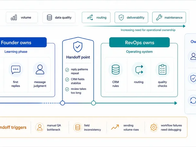 Ownership handoff diagram showing when a founder should transfer outbound automation to RevOps as volume, routing, deliverability, and maintenance needs increase.